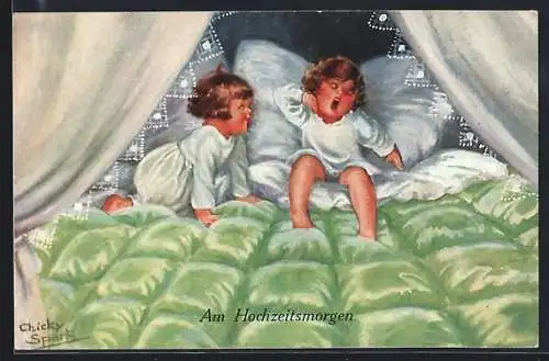 Künstler-AK Chicky Spark: Am Hochzeitsmorgen, Kinder im Bett