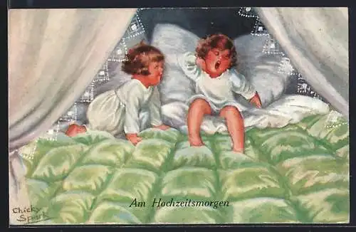 Künstler-AK Chicky Spark: Am Hochzeitsmorgen, Kinder im Bett