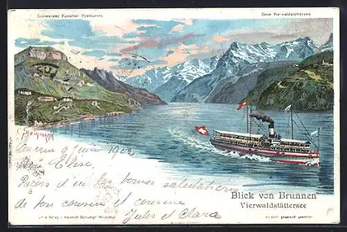 Künstler-AK C. Steinmann, Nr. 2037: Brunnen, Dampfer auf dem Vierwaldstättersee