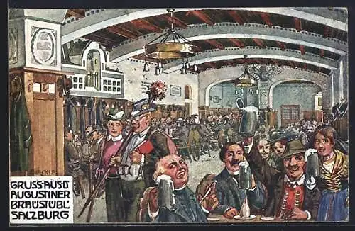 Künstler-AK Hubert von Zwickle: Salzburg, Augustiner Braüstübl, Gäste an Tischen sitzend