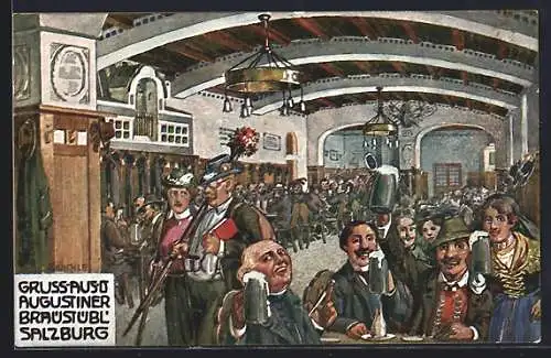 Künstler-AK Hubert von Zwickle: Salzburg, Augustiner Braüstübl, Gäste an Tischen sitzend