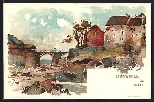 Künstler-AK Laufenburg, Ortsansicht mit Brücke