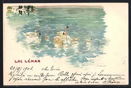 Künstler-AK Fritz Voellmy: Vevey, Schwan-Familie beim Ausflug