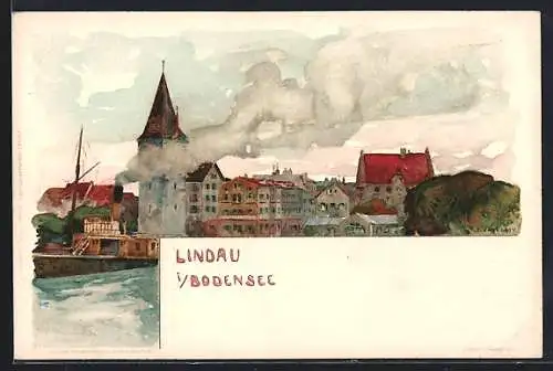 Künstler-Lithographie Fritz Voellmy: Lindau, Dampfer passiert die Stadt