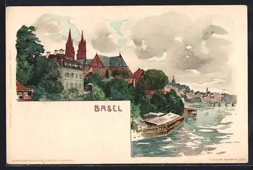 Künstler-AK Fritz Voellmy: Basel, Ortsansicht mit Fluss