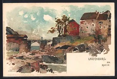 Künstler-AK Laufenburg, Ortsansicht mit Brücke