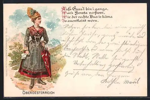Lithographie Frau in Tracht aus Oberösterreich
