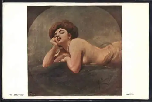 Künstler-AK Franciszek Zmurko: Lwica, nackte Frau rekelt sich