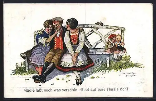 Künstler-AK Hans Boettcher: O lieb` solang du lieben kannst!, ein deutscher Soldat mit zwei Mädchen im Arm auf d. Bank