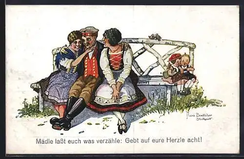 Künstler-AK Hans Boettcher: Mann mit zwei Frauen in Tracht