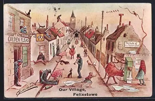 Künstler-AK Cynicus: Felixstowe, our village