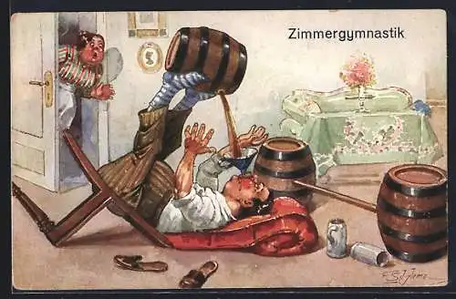 Künstler-AK Ernst Schlemo: Zimmergymnastik!