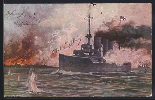 Künstler-AK Hans Rudolf Schulze: S.M.S. Augsburg Liebau beschiessend