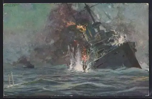 Künstler-AK Hans Rudolf Schulze: deutsches U-Boot versenkt das Linienschiff Formidable