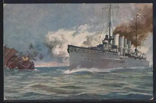 Künstler-AK Hans Rudolf Schulze: Kriegsschiff Karlsruhe versenkt im Atlantik ein franz. Segelschiff