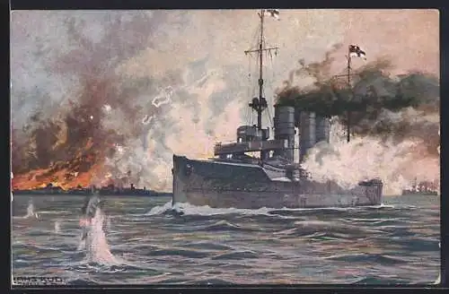 Künstler-AK Hans Rudolf Schulze: S.M.S. Kriegsschiff Augsburg Libau beschiessend