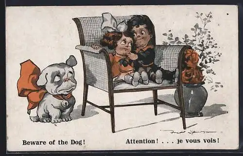 Künstler-AK Fred Spurgin: Mädchen und Junge kuscheln und ignorieren den Hund