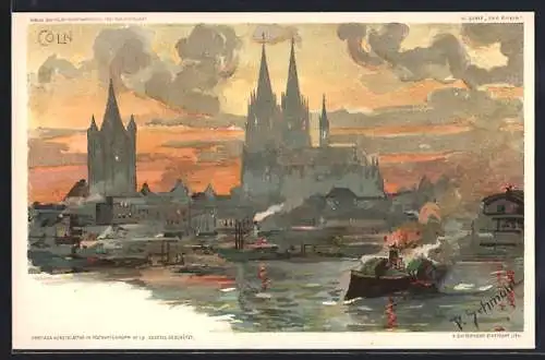 Künstler-AK P. Schmohl: Köln, Blick auf Dom und Dampfer im Abendrot