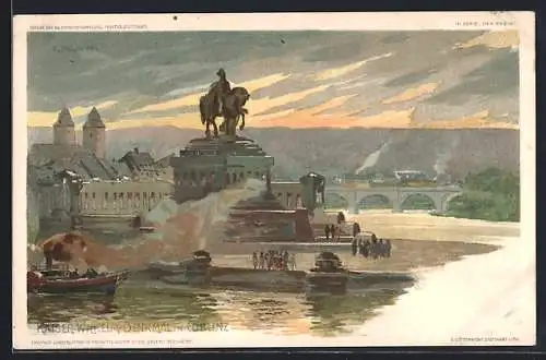 Künstler-AK P. Schmohl: Coblenz, Abendstimmung am Kaiser Wilhelm Denkmal