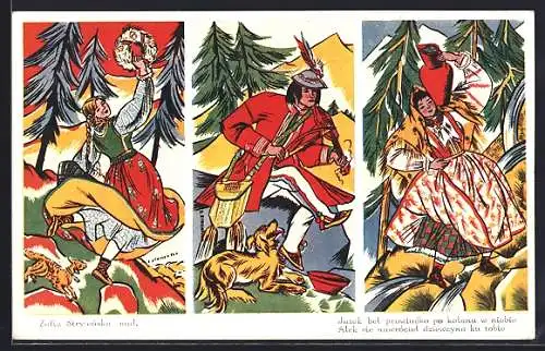 Künstler-AK Z. Stryjenska: Junge Bäuerinnen tanzen zu der Musik eines Wanderers