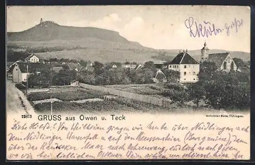 AK Owen u. Teck, Ortsansicht übers Feld mit Panorama