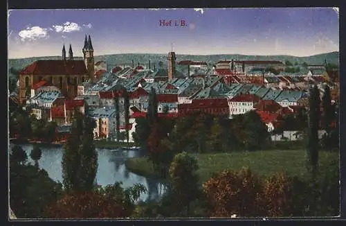 AK Hof i. B., Ortsansicht über Parkanlage