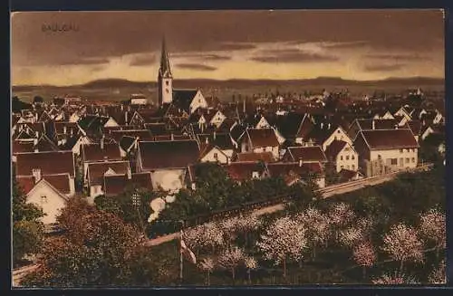 AK Saulgau, Teilansicht über blühende Bäume mit Panorama