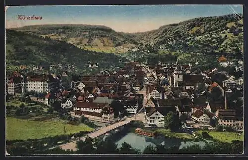 AK Künzelsau, Gesamtansicht mit Brücke aus der Vogelschau