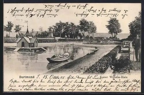 AK Dortmund, Kaiser Wilhelm-Hain, Wasser mit Entenhäuschen, Spaziergänger