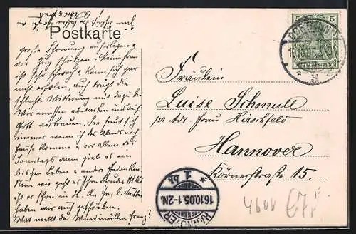 AK Dortmund, Kaiser Wilhelm-Hain, Wasser mit Entenhäuschen, Spaziergänger