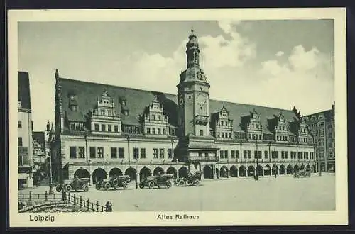 AK Leipzig, Altes Rathaus mit Autos auf dem Vorplatz