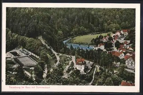 AK Treseburg im Harz, Ortsansicht mit Sommerbad aus der Vogelschau
