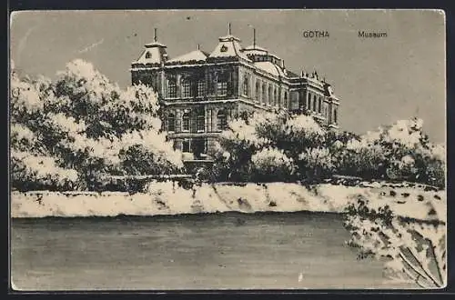 AK Gotha, Verschneites Museum und Parkanlage