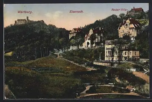 AK Eisenach, Ortsansicht mit der Wartburg und der Reuter-Villa
