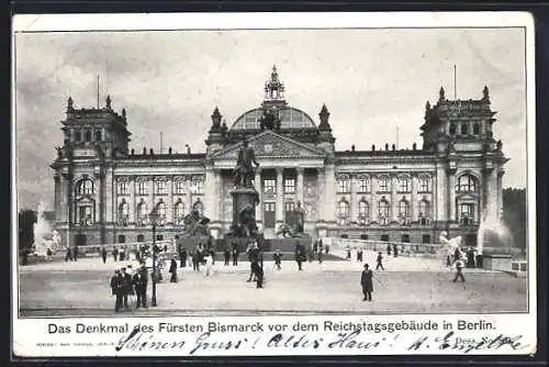 AK Berlin-Tiergarten, Reichstagsgebäude und Bismarckdenkmal