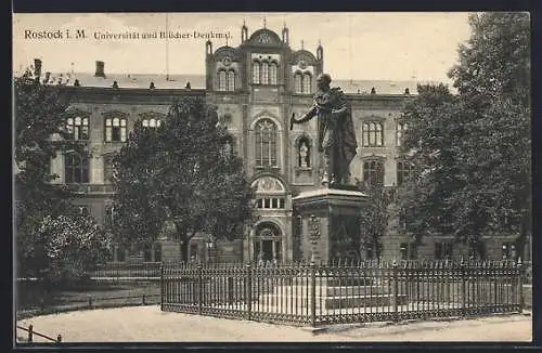 AK Rostock i. M., Universität und Blücher-Denkmal