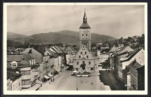 AK Deggendorf a. d. D., Stadtplatz mit Bussen aus der Vogelschau