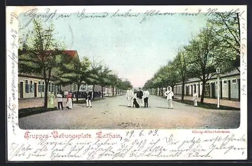 AK Zeithain, Truppen-Übungsplatz, König-Albert-Strasse mit Soldaten