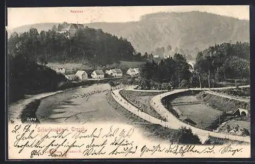 AK Scharfenstein i. Erzgeb., Flusspartie, Schloss und Panorama