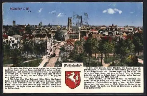 AK Münster i. W., Ortsansicht aus der Vogelschau mit Wappen und Westfalenlied