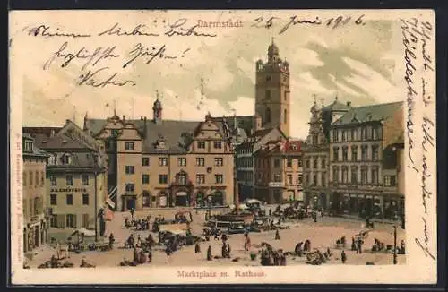 AK Darmstadt, Marktplatz mit Rathaus und Händlern