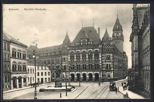 AK Bremen, Gerichts-Gebäude mit Vorplatz, Bahnschienen und Pferdekutsche