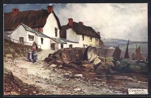 Künstler-AK Coverack, Ortspartie mit Segelschiff