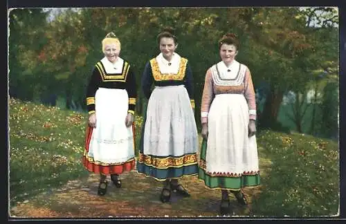 AK Hessische Trachten, Mädchen beim Spaziergang in Trachtenkleidern