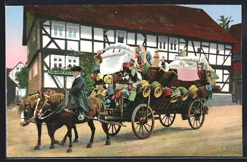 AK Schwälmer Brautwagen mit Leuten in hessischer Tracht