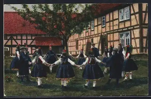 AK Mädchen in hessischer Tracht beim Schwälmer Ringelreihen