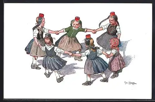 Künstler-AK Hessische Tracht, Mädchen tanzen Ringelreihen