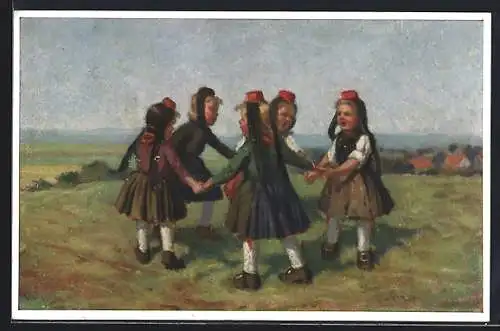 Künstler-AK Mädchen in hessischer Tracht tanzen auf der Wiese