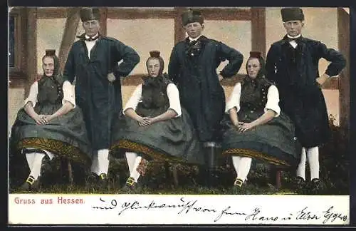 AK Hessen, Männer und Frauen in hessischen Trachten