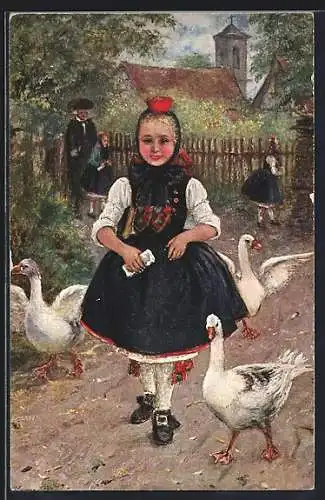 AK Mädchen in schwäbischer Tracht mit Gänsen